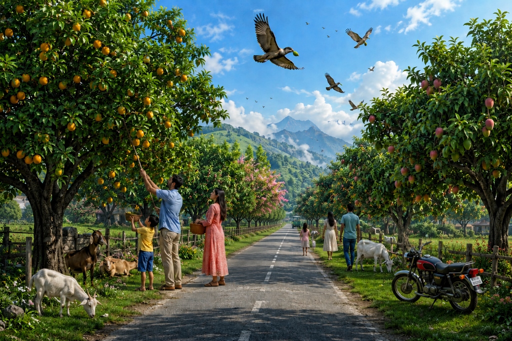 Family harvesting fruit from trees along a mountain road with goats