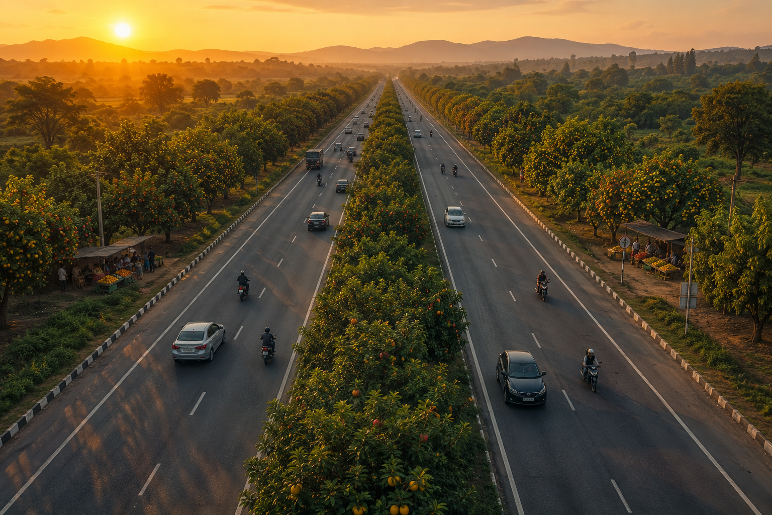 Highway lined with fruit-bearing trees