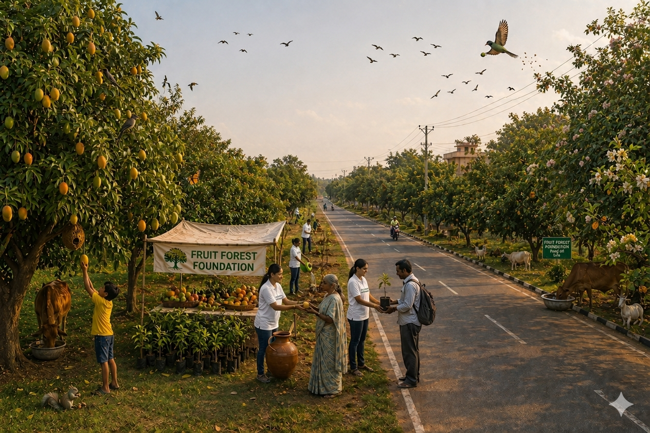 Fruit Forest Foundation roadside plantation with community members and wildlife
